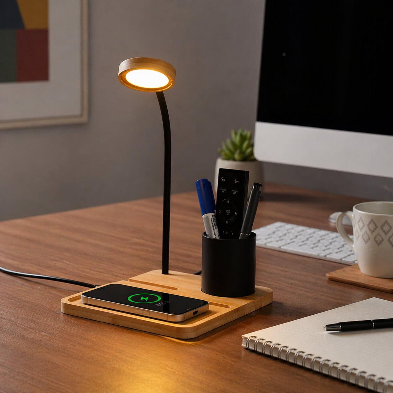 GlowNest: Bamboo Table top with 15W Wireless Charger, LED Lamp, Metal Pen holder & phone stand - Premium Corporate Gift | C205 - corporate gift by YuBingo