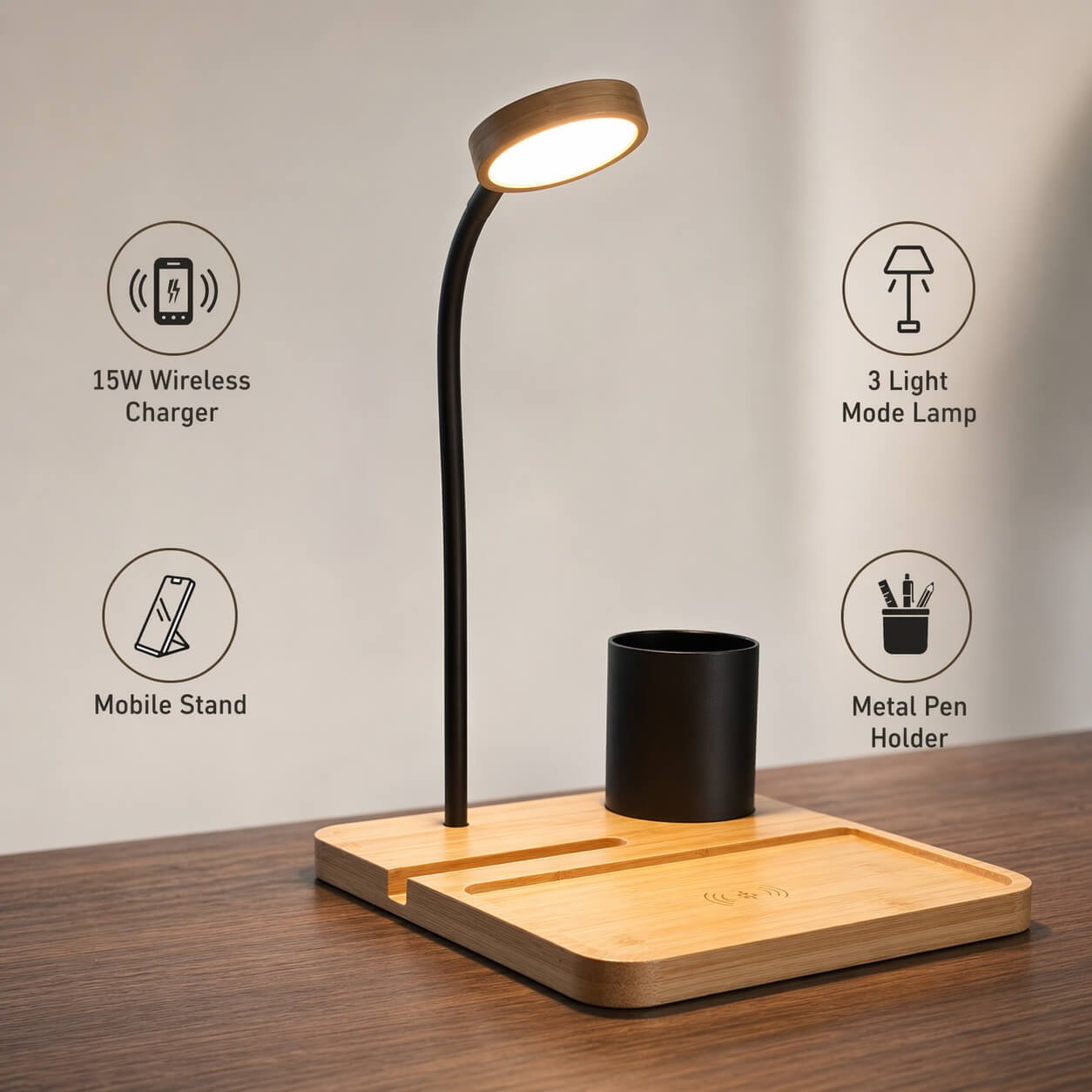 GlowNest: Bamboo Table top with 15W Wireless Charger, LED Lamp, Metal Pen holder & phone stand - Premium Corporate Gift | C205 - product image 3