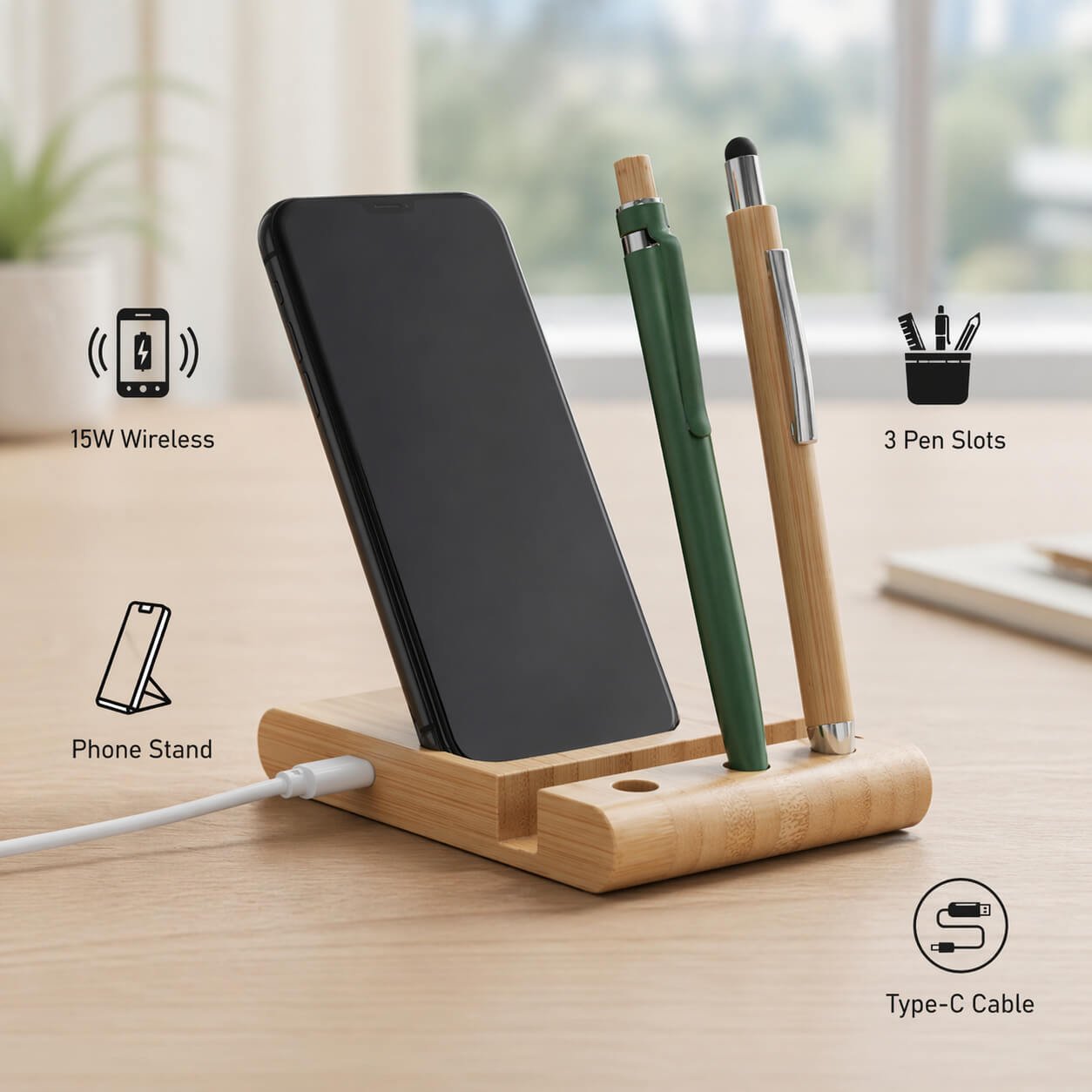 ZenCharge: Bamboo Wireless Charger with phone stand and triple pen stand - Premium Corporate Gift | C206 - product image 3