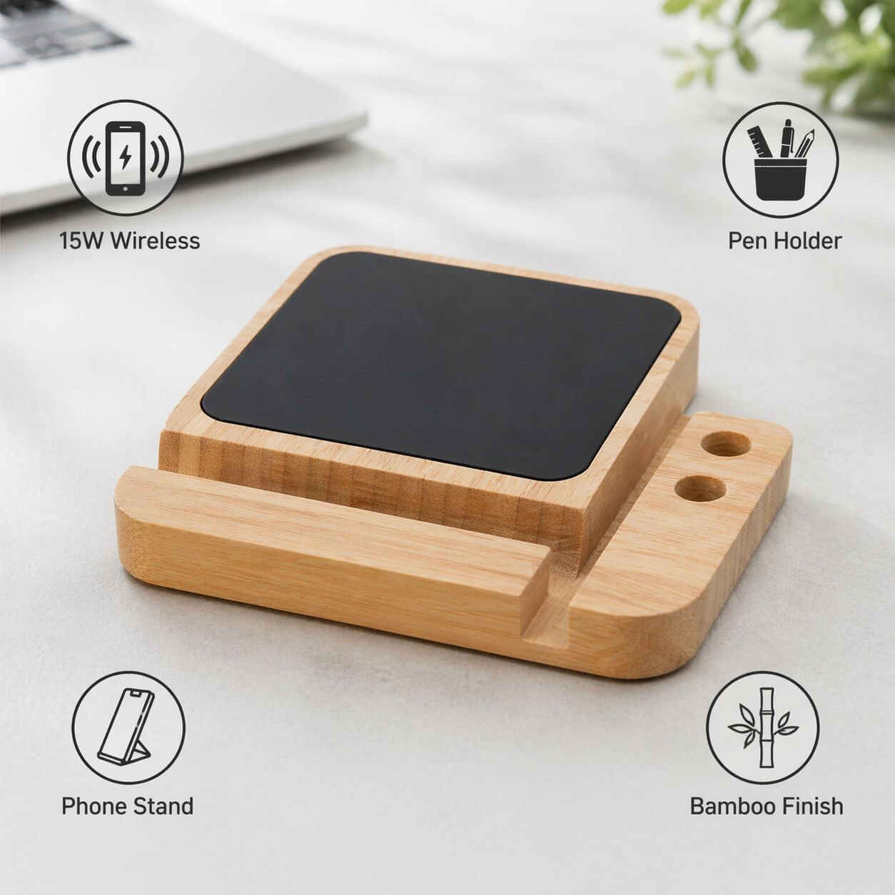 ZenCharge Glow: Bamboo Wireless Charger with Logo Highlight - Premium Corporate Gift | C207 - product image 3