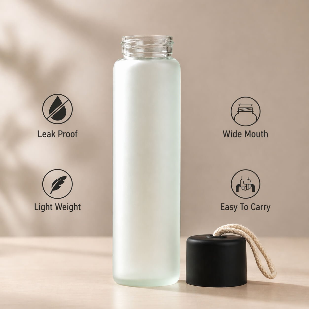 VelvetMist: Frosted Glass Bottle with Contrast Cap & Rope Loop - Premium Corporate Gift | H375 - corporate gift by YuBingo