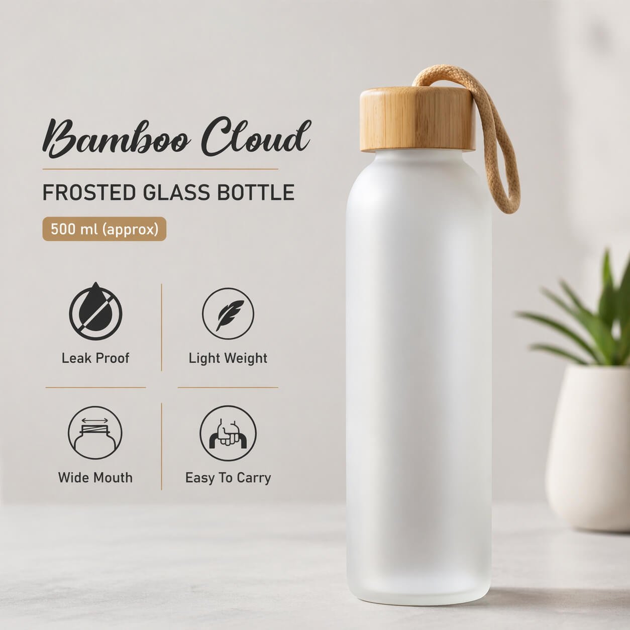 BambooCloud: Frosted Glass Bottle with Natural Bamboo Cap & Carry Loop - Premium Corporate Gift | H376 - product image 2
