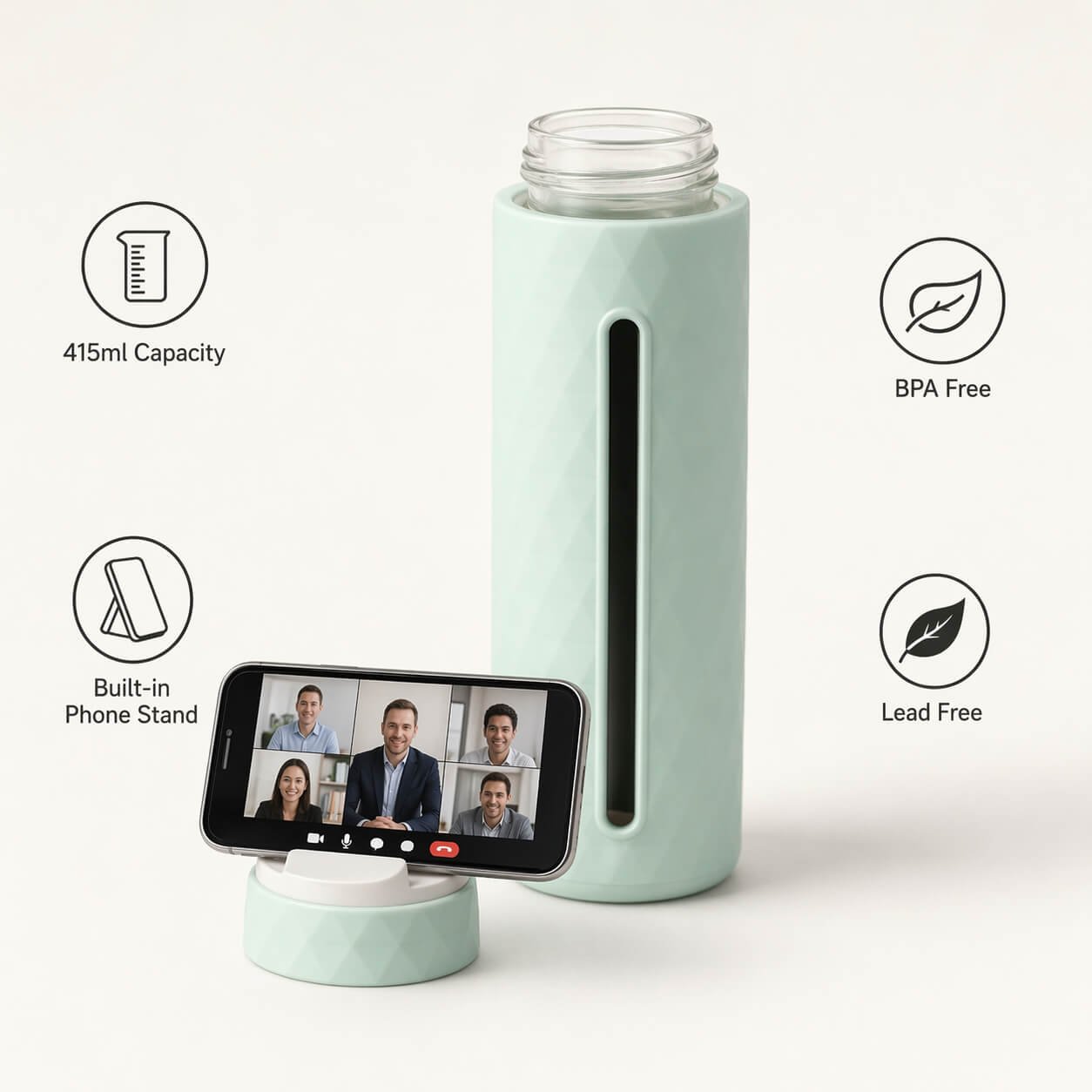 PrismView: Geometric Glass Bottle with Integrated Phone Stand - Premium Corporate Gift | H380 - corporate gift by YuBingo