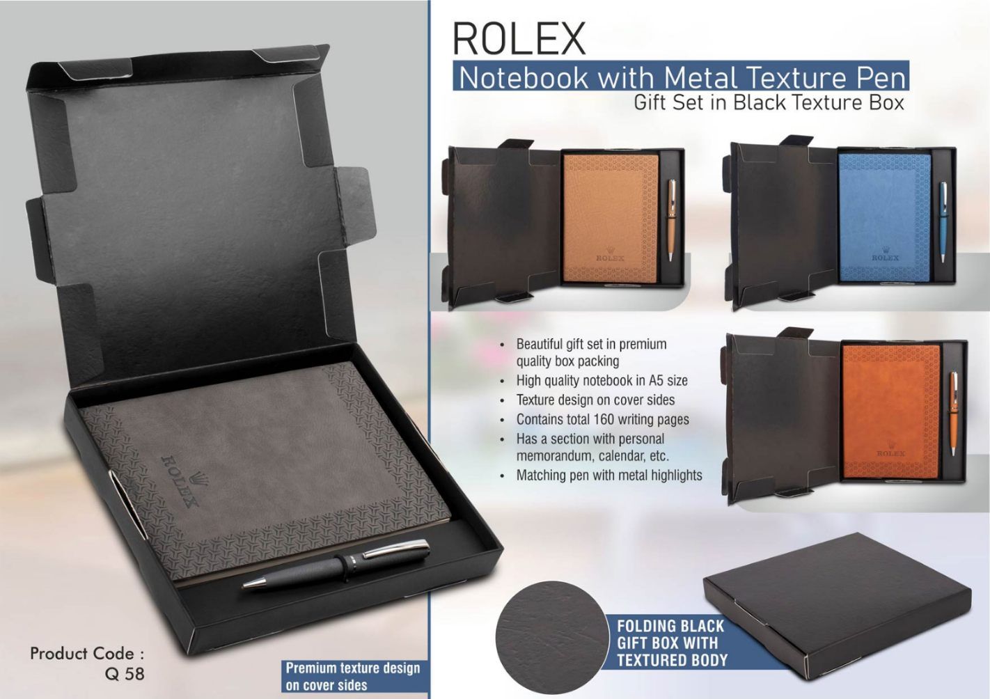 Rolex Notebook with Metal Texture Pen | Gift Set in Black Texture Box - product image 2