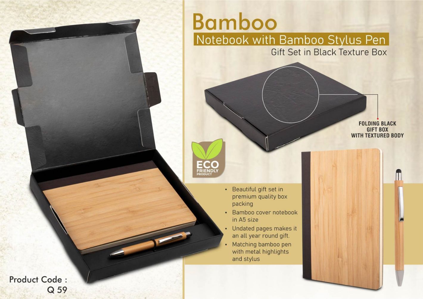 Bamboo Notebook with Bamboo Pen Gift Set in Black Texture Box - product image 2