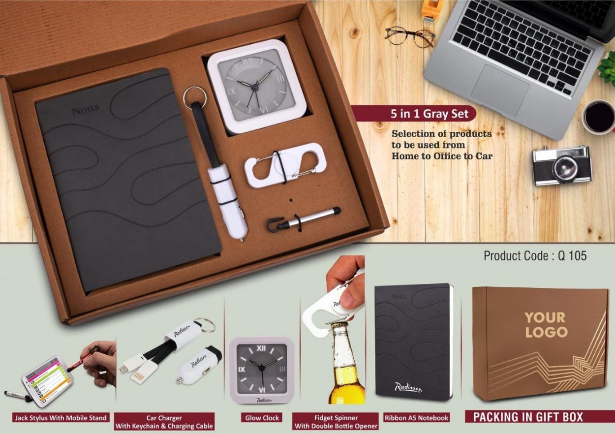 5 In 1 Gray Gift Set: Spinner With Bottle Opener, Keychain With Car Charger And Cable, Jack Stylus With Phone Stand, Glow Clock, A5 PU Noteboo - product image 2