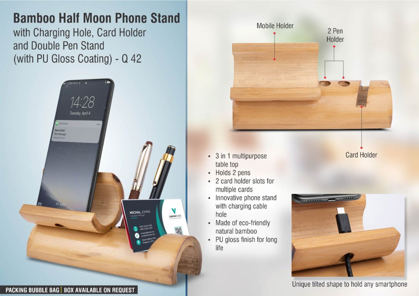 Bamboo Half Moon Phone Stand With Charging Hole, Card Holder And Double Pen Stand (With PU Gloss Coating) - product image 2
