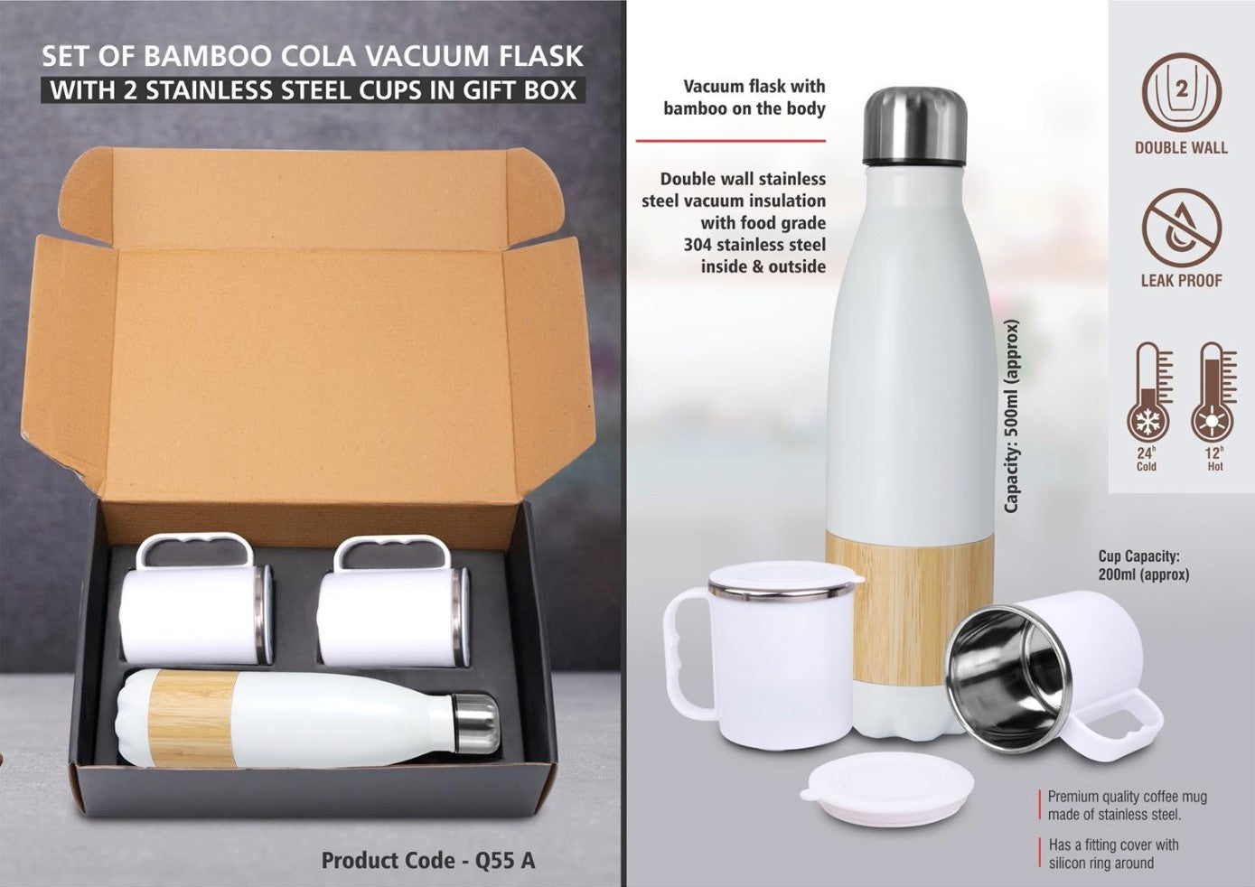 Set Of Bamboo Cola Vacuum Flask With 2 Stainless Steel Cups In Gift Box - product image 3
