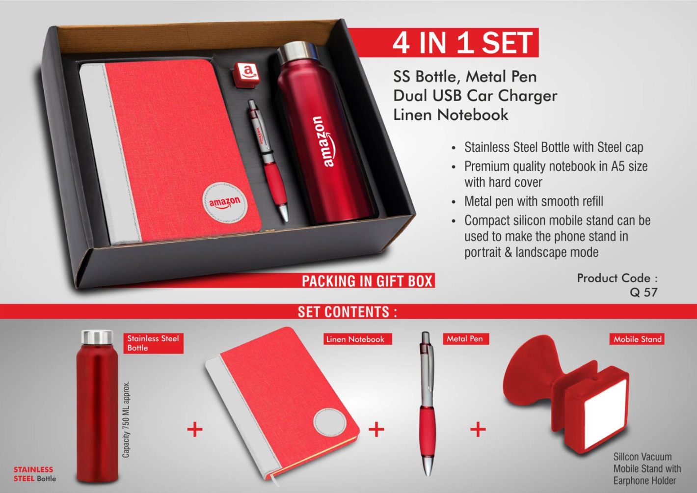 4 In 1 Set: Steel Bottle, Metal Pen, Silicon Mobile Stand, Ribbon PU Notebook - product image 2
