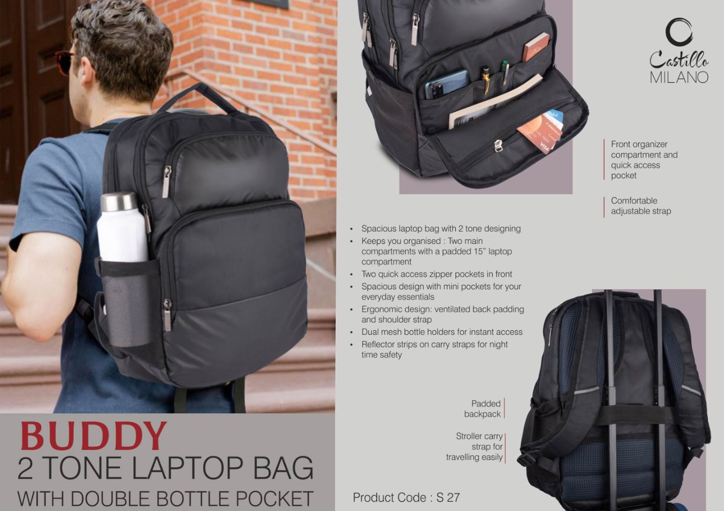 Buddy: 2 Tone Laptop Bag With Double Bottle Pocket - Front Organizer Compartment - Padded Backpack - product image 2