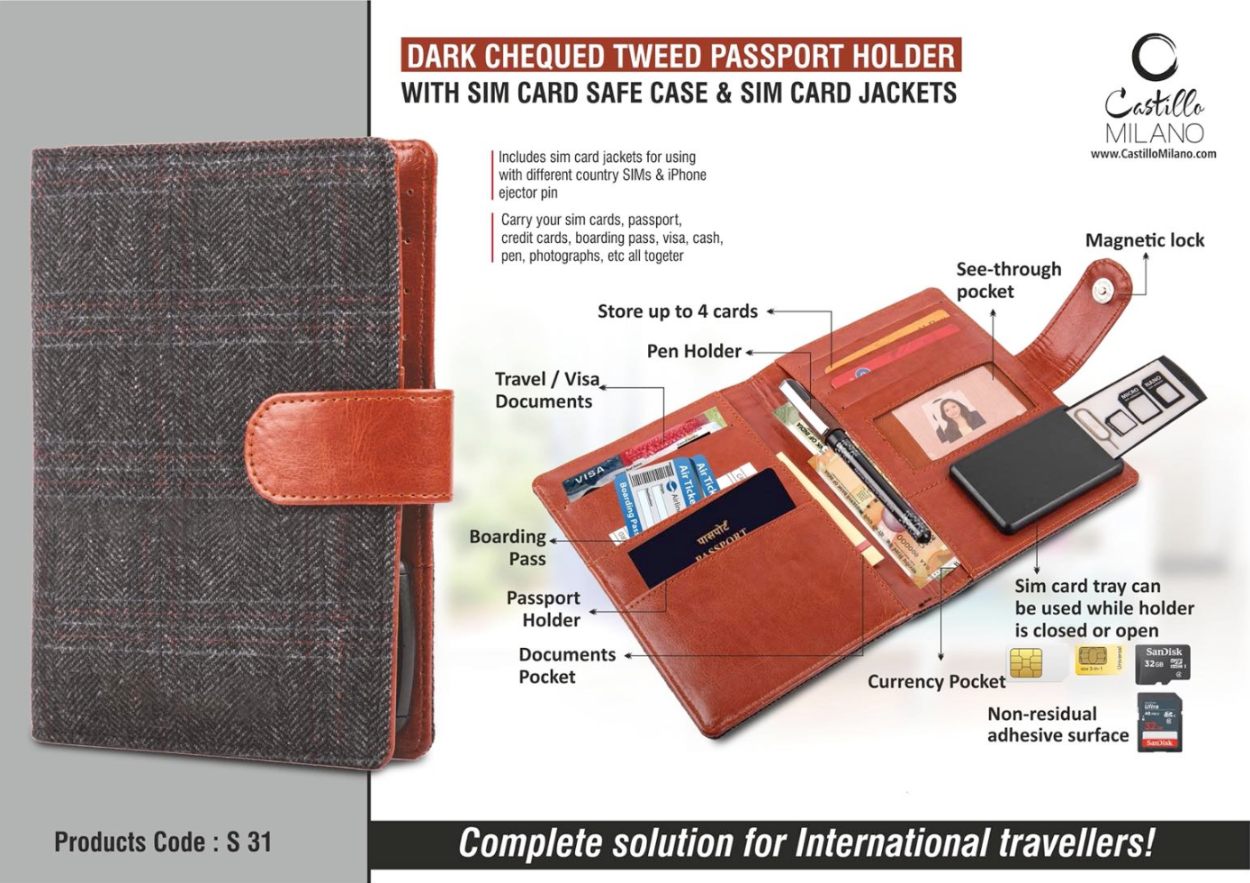 Dark Chequed Tweed Passport Holder With SIM Card Safe Case & SIM Card Jackets - product image 2