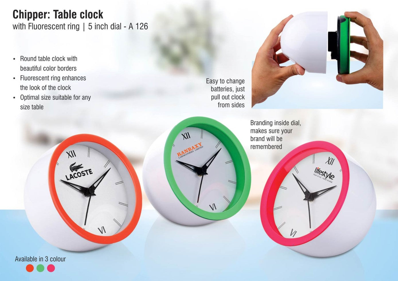 Chipper: Table Clock With Fluorescent Ring | 5-Inch Dial | Custom Branding Ready - product image 2