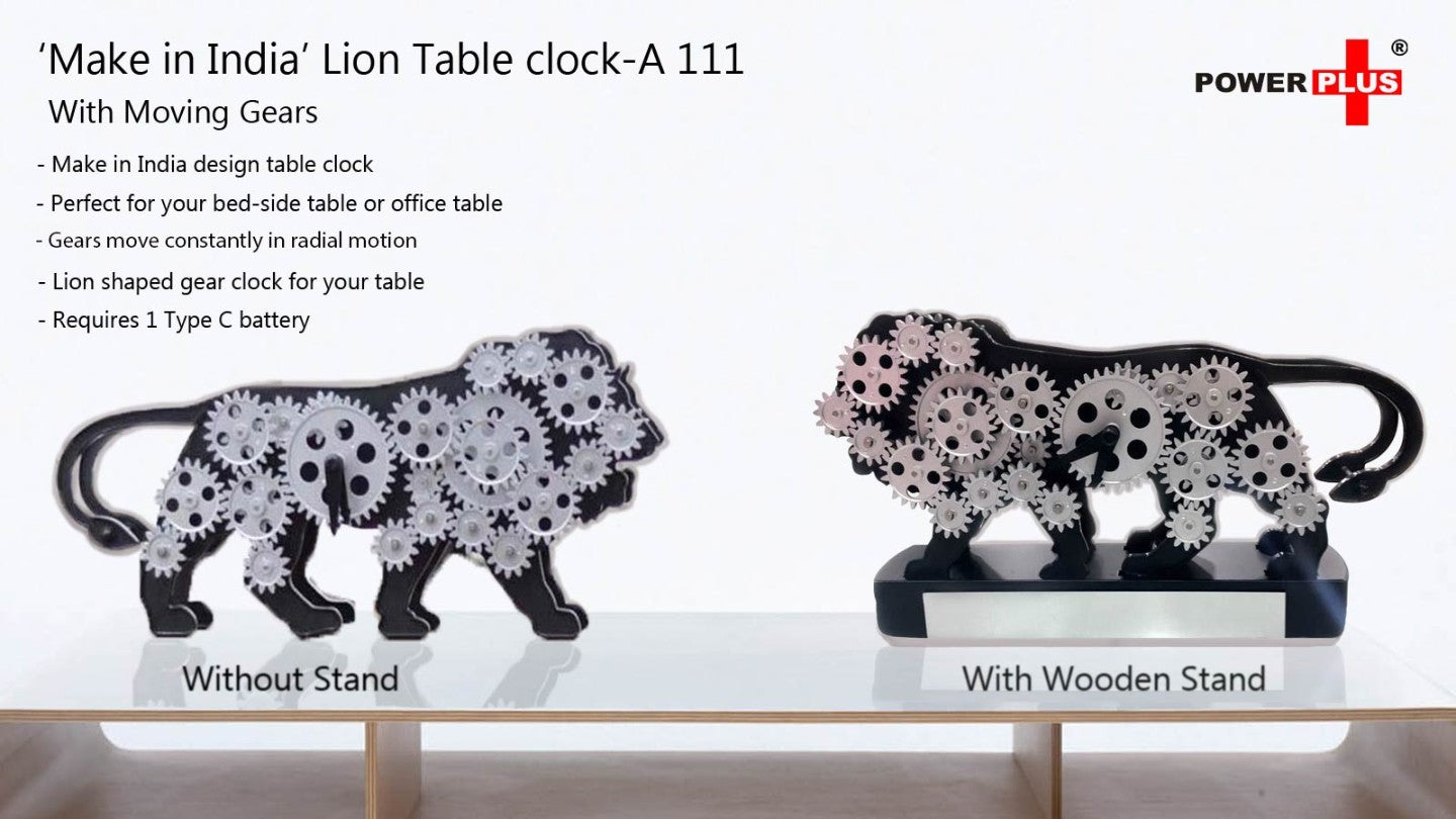 Make In India Lion Table Clock With Moving Gears - Gray - product image 3