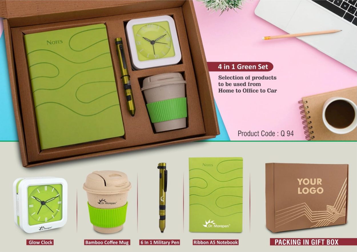 4 In 1 Green Set: Bamboo Coffee Mug, 6 In 1 Military Pen, Glow Clock, A5 PU Notebook In Kraft Gift Box - product image 4