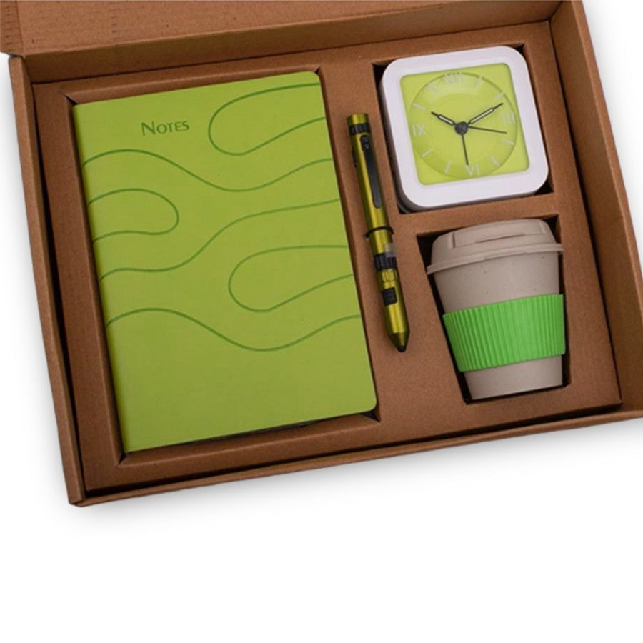 4 In 1 Green Set: Bamboo Coffee Mug, 6 In 1 Military Pen, Glow Clock, A5 PU Notebook In Kraft Gift Box - corporate gift by YuBingo