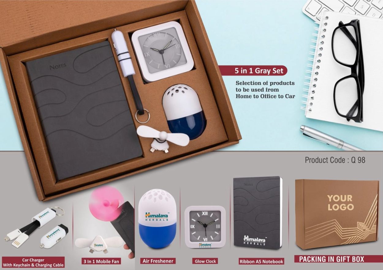 5 In 1 Gray Gift Set: Mobile Fan, Keychain, Air Freshener, Glow Clock, A5 PU Notebook - product image 3