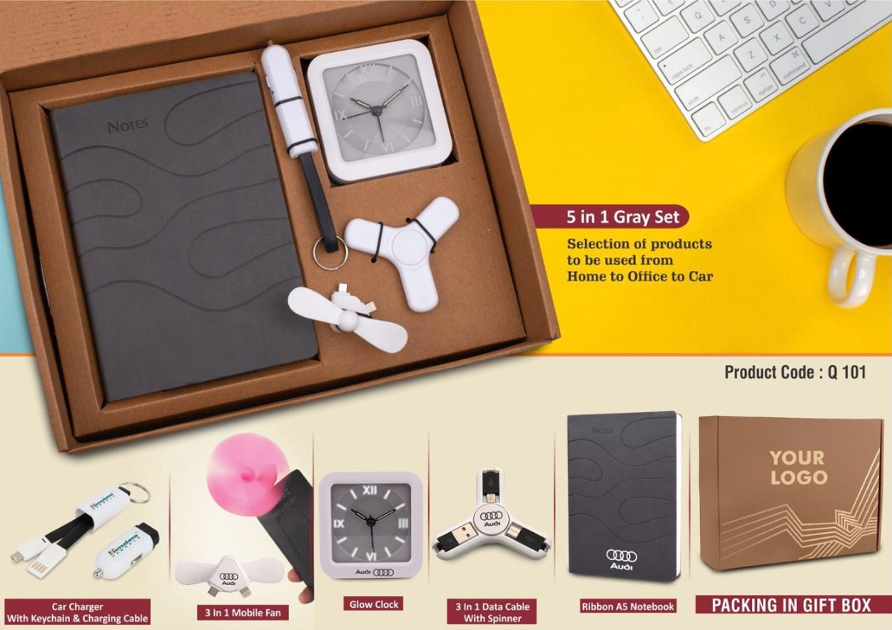 5 In 1 Gray Gift Set: Mobile Fan, Keychain, Spinner, Glow Clock, A5 PU Notebook - product image 2