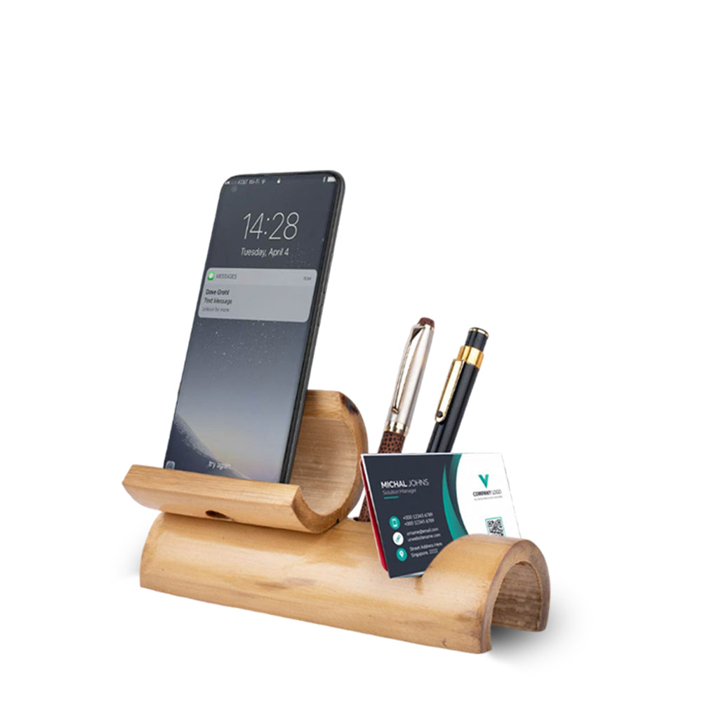 Bamboo Half Moon Phone Stand With Charging Hole, Card Holder And Double Pen Stand (With PU Gloss Coating) - corporate gift by YuBingo