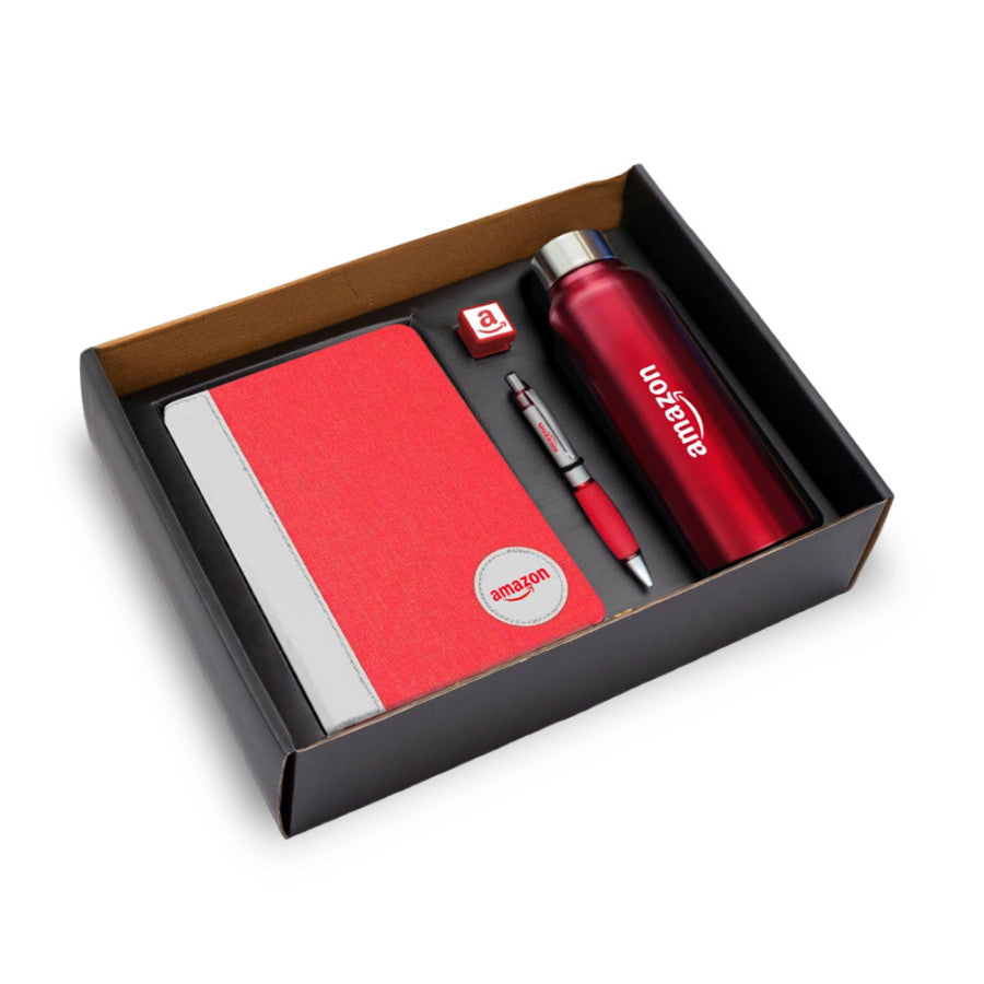 4 In 1 Set: Steel Bottle, Metal Pen, Silicon Mobile Stand, Ribbon PU Notebook - corporate gift by YuBingo