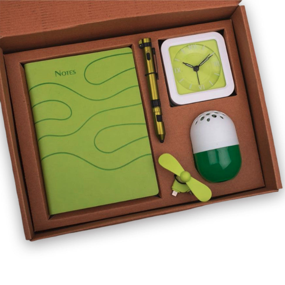 5 In 1 Green Gift Set: Air Freshener, Mobile Fan, 6 In 1 Military Pen, Glow Clock, A5 PU Notebook - corporate gift by YuBingo