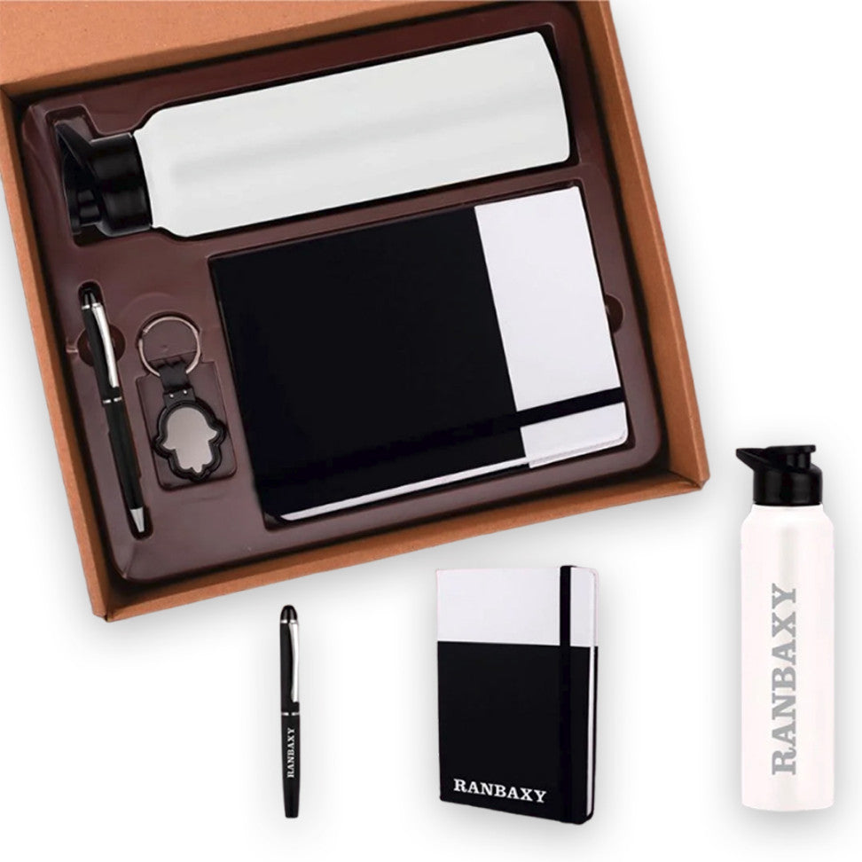 4 In 1 Dual Tone Gift Set With Bottle, Notebook, Pen & Keychain - corporate gift by YuBingo