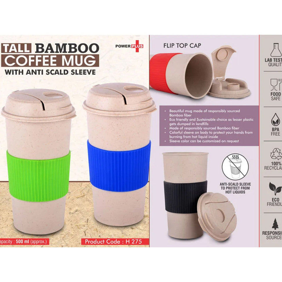 H275 - Tall Bamboo Coffee Mug: Eco-Friendly Mug With Flip Top Lid And Anti-Scald Sleeve - 500ml - product image 2