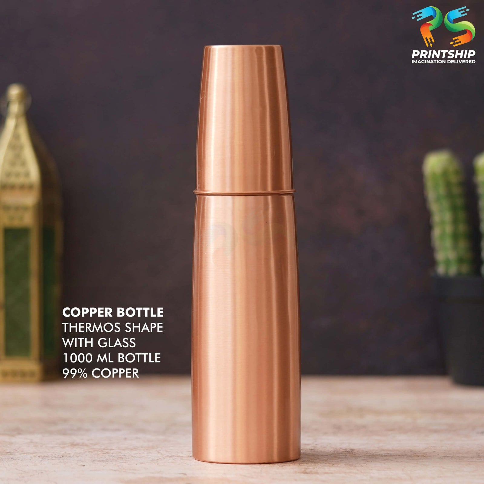 Thermos Shape Copper Bottle with Glass 1000ML - corporate gift by YuBingo