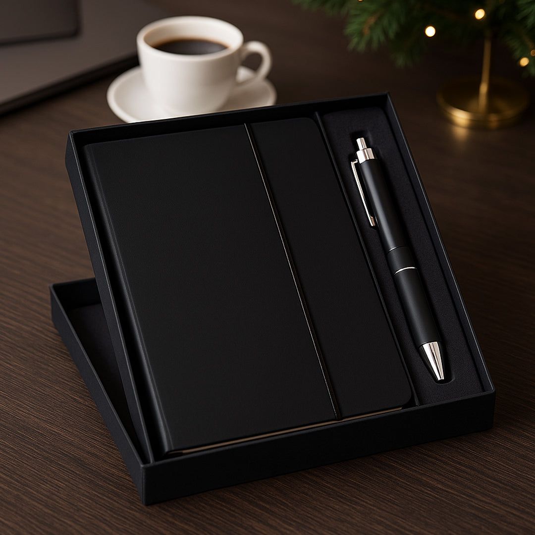 2 in 1 Dark Set: 3 fold Notebook with Metal Pen - corporate gift by YuBingo
