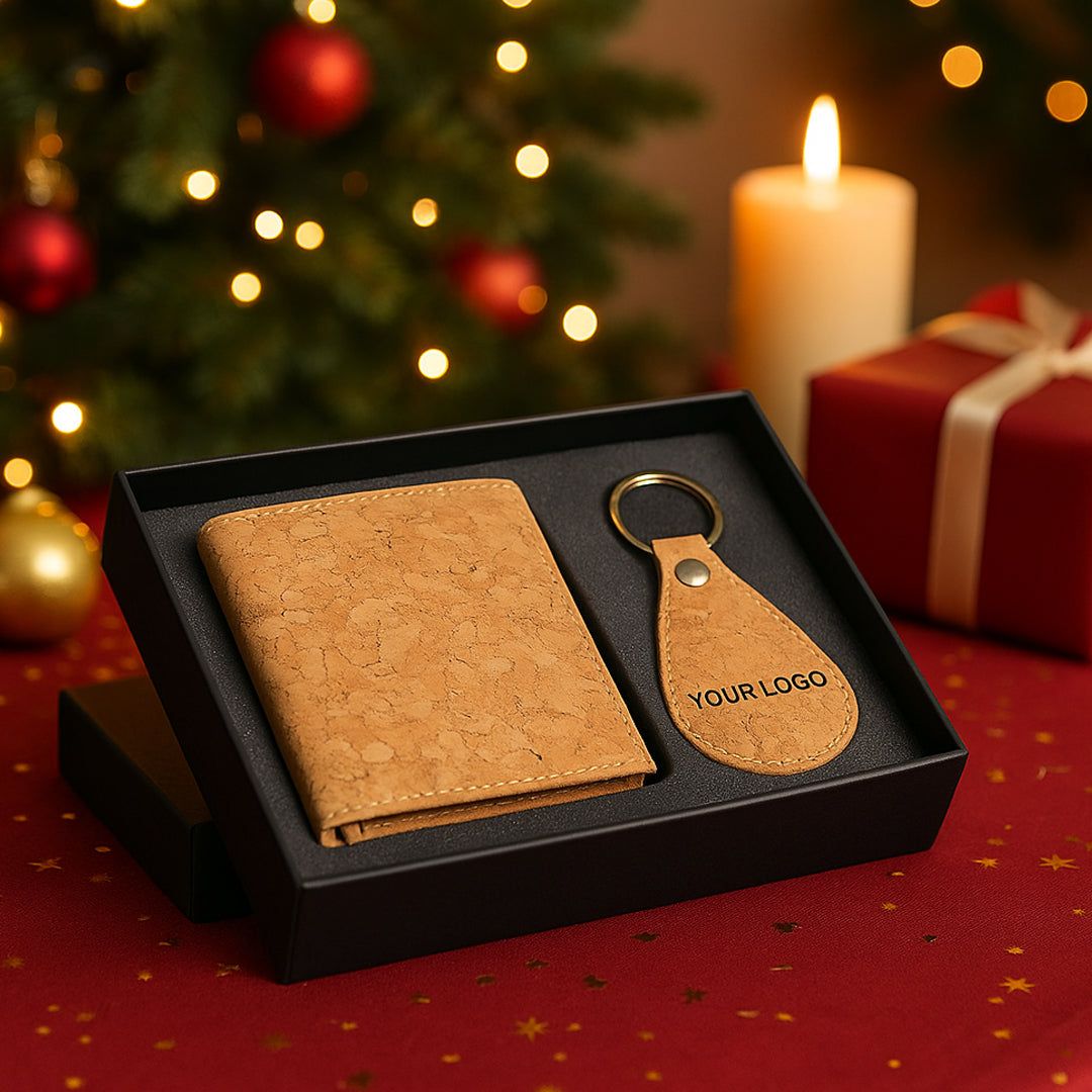 Cork Dual Set: Wallet with Keychain in gift box - corporate gift by YuBingo