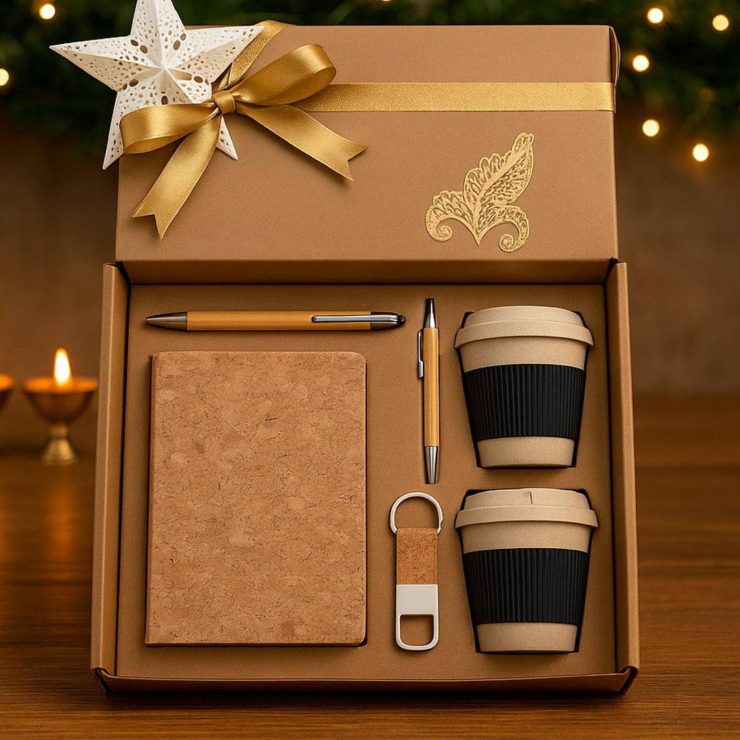 Q110 EcoSet 4 - Premium Eco-Friendly Gift Set with Notebook, Bamboo Mugs, Pen & Keychain - corporate gift by YuBingo