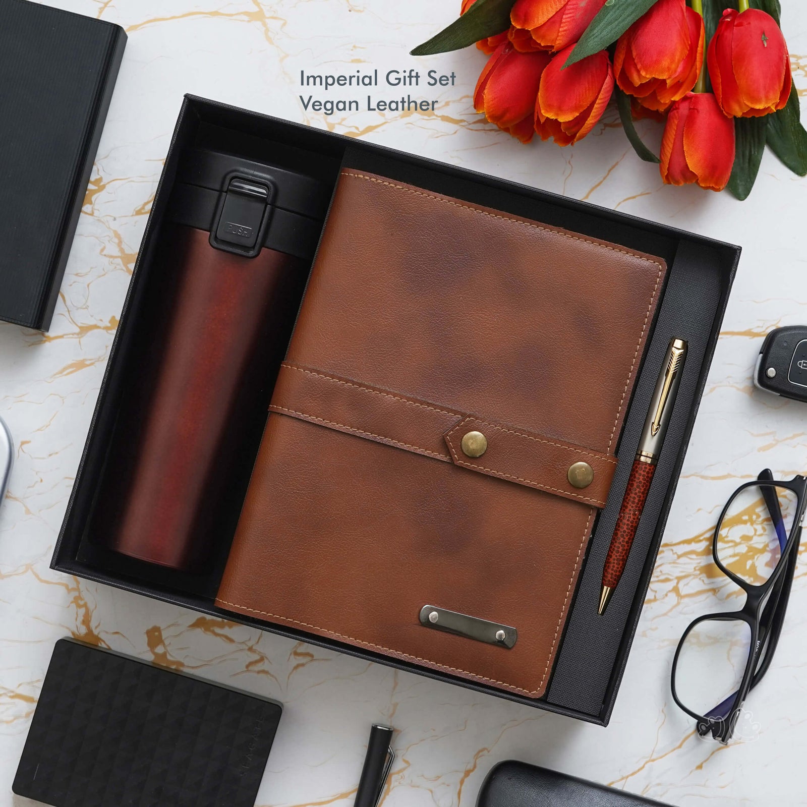 Deluxe Tan Vegan Leather Office Gift Set - Travel Mug, Notebook, Wallet & More - product image 2