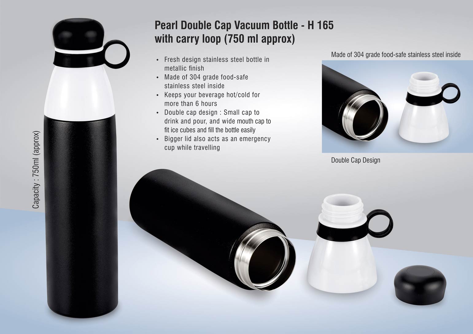 Pearl Double Cap Vacuum Bottle with Carry Loop 750 ml - product image 2