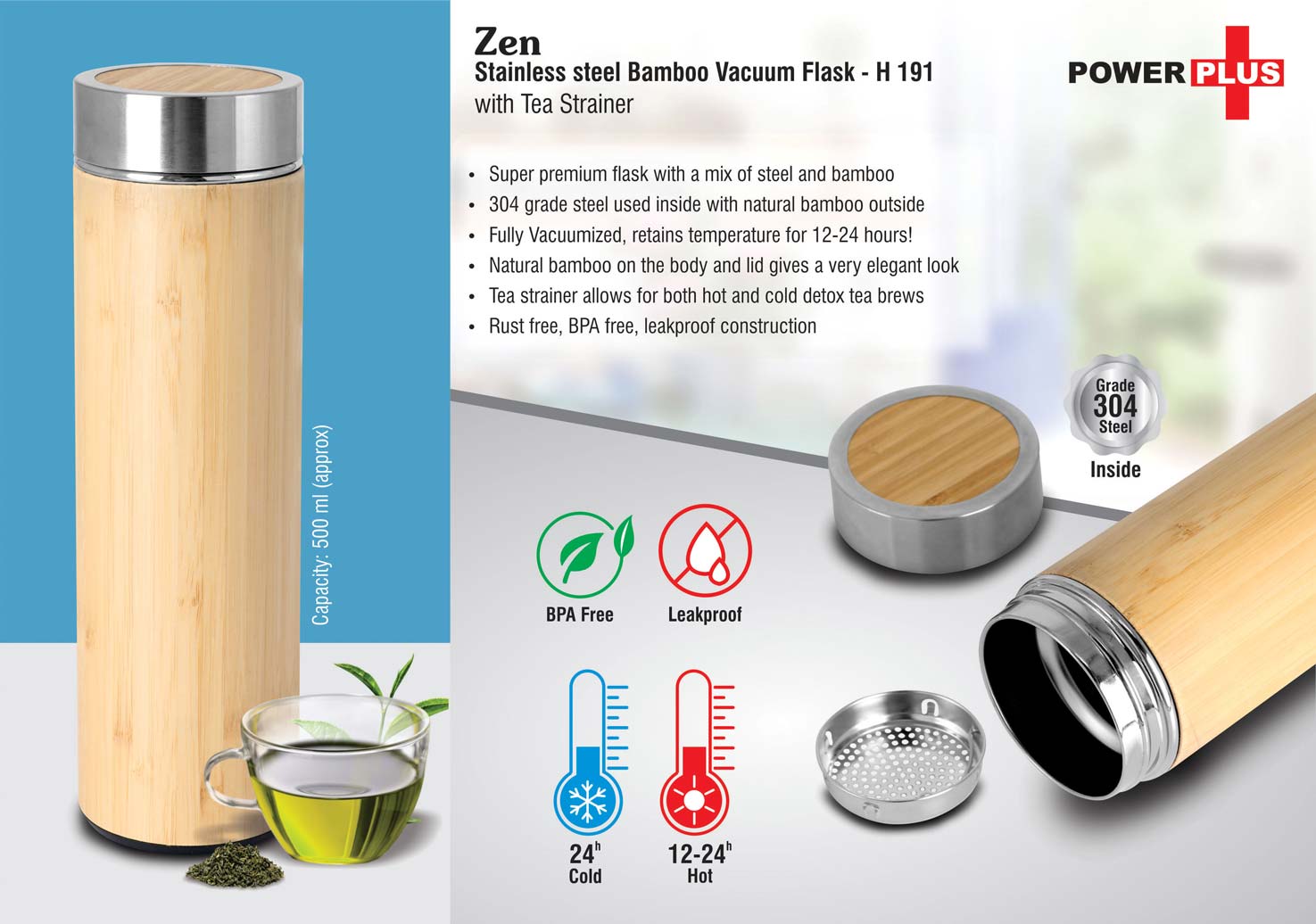 Zen Stainless Steel Bamboo Vacuum Flask with Tea Strainer - Natural, 500ml - product image 2