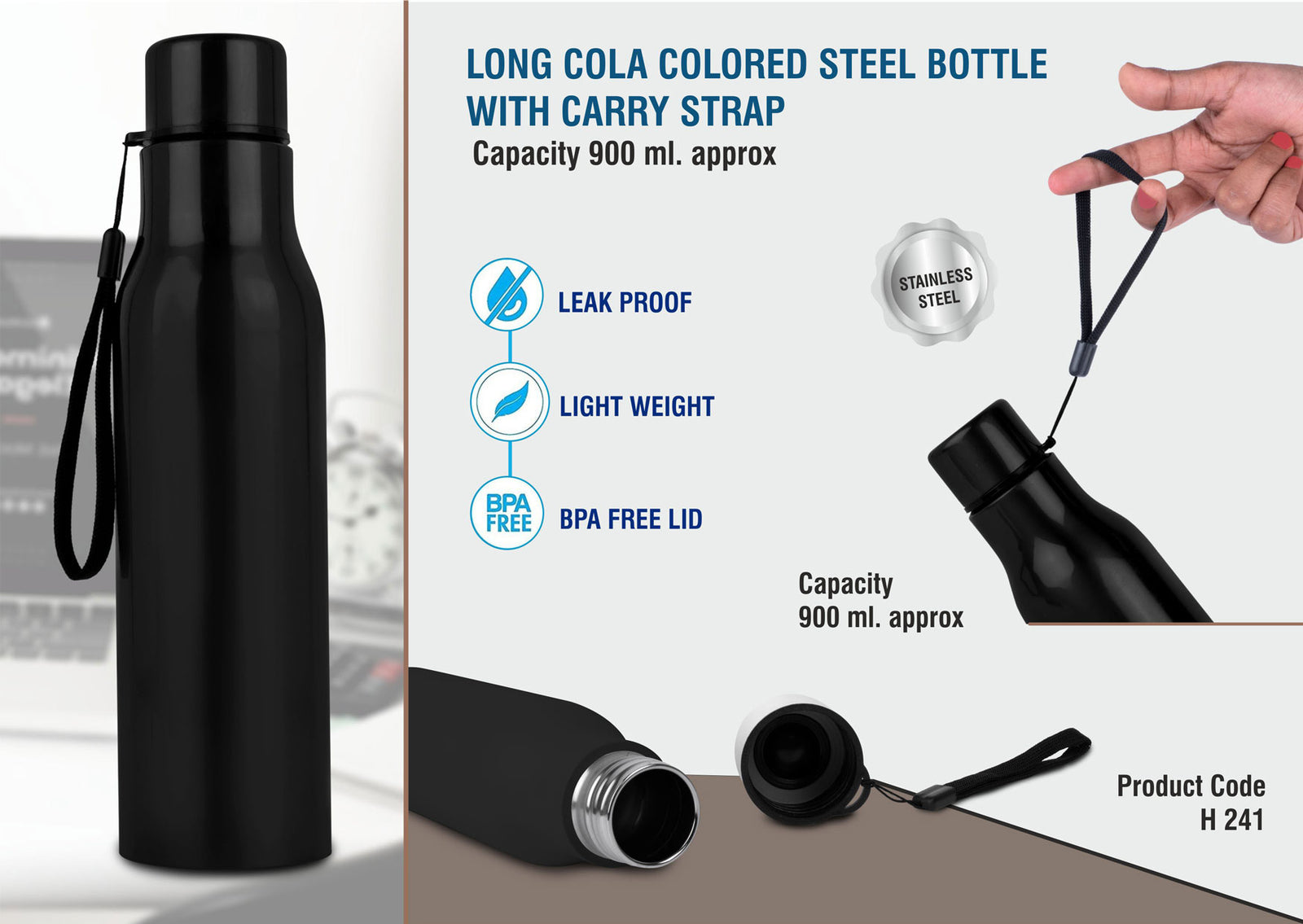 Long Cola Colored Stainless Steel Bottle with Carry Strap, 900ml Capacity, Black - product image 2