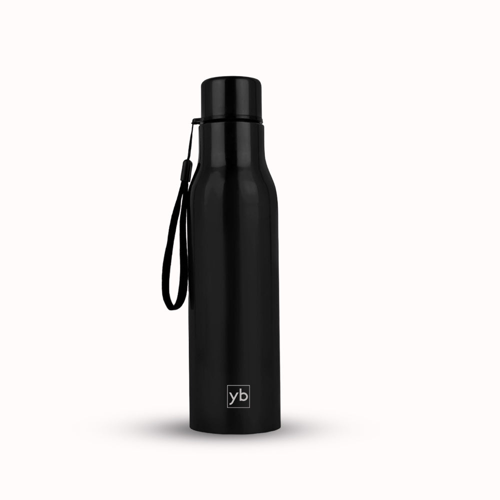 Long Cola Colored Stainless Steel Bottle with Carry Strap, 900ml Capacity, Black - corporate gift by YuBingo