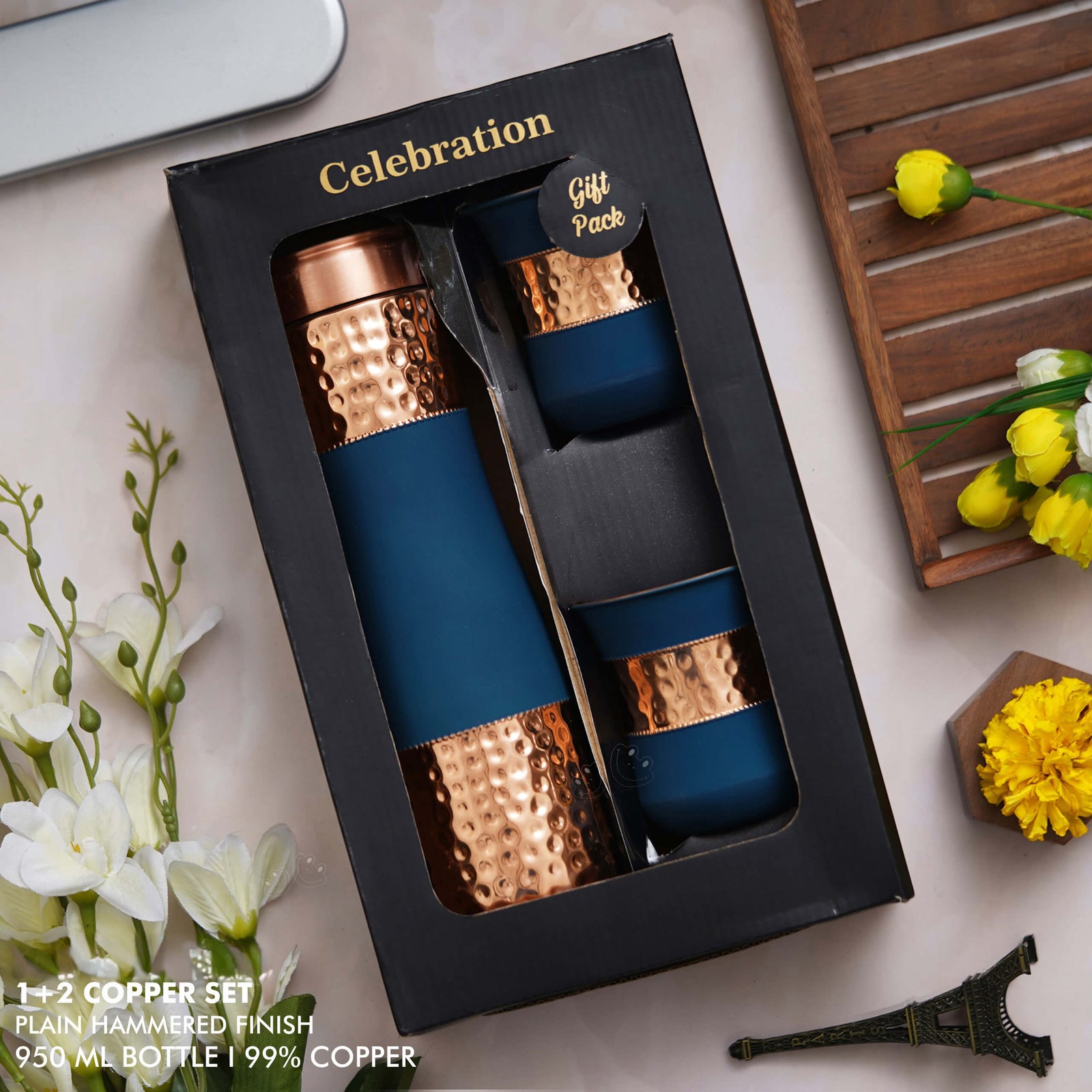 Blue Plain Hammered Rubberized Finish Copper Bottle with 2 Glasses - Perfect Gift Set - corporate gift by YuBingo