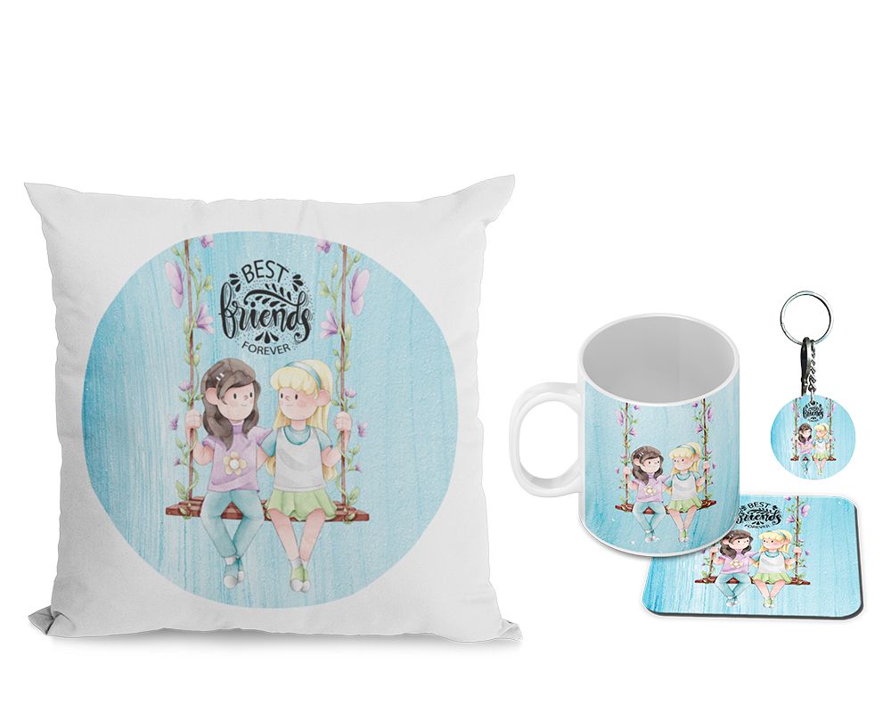 Best Friends Forever Cushion, Coffee Mug with Coaster and Keychain - corporate gift by YuBingo