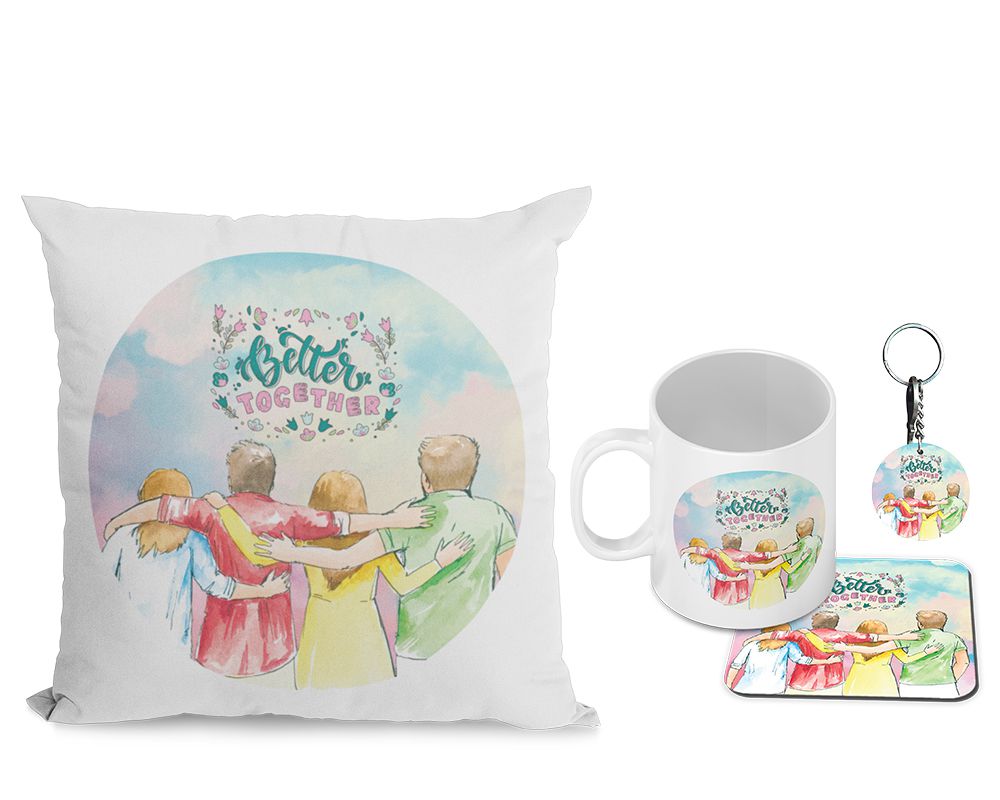 Better Together Cushion, Coffee Mug with Coaster and Keychain - corporate gift by YuBingo
