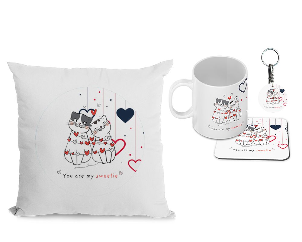 Hugs and Kisses Cushion, Coffee Mug with Coaster and Keychain - corporate gift by YuBingo