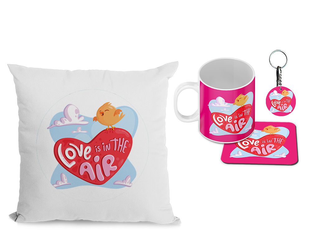 Love is in the air Cushion, Coffee Mug with Coaster and Keychain - corporate gift by YuBingo