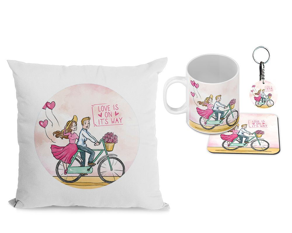Love is on it's way Cushion, Coffee Mug with Coaster and Keychain - corporate gift by YuBingo