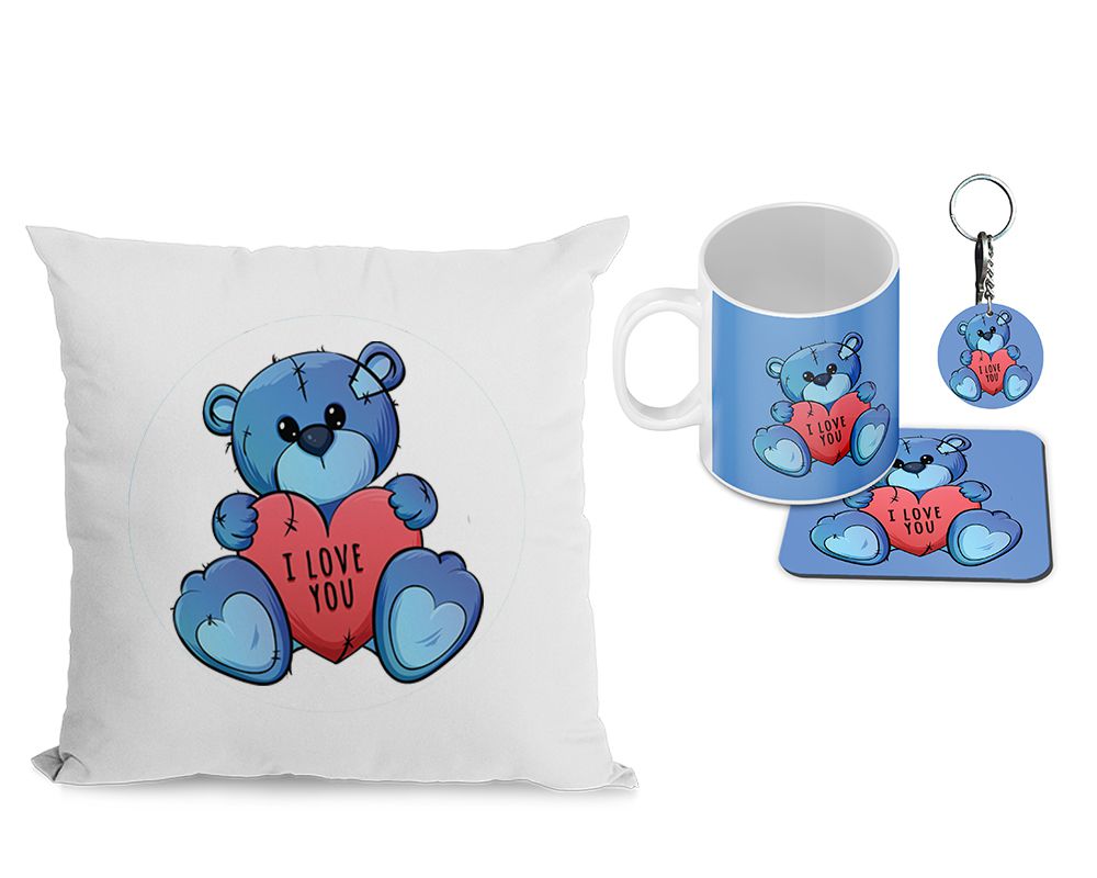 Teddy Love Cushion, Coffee Mug with Coaster and Keychain - corporate gift by YuBingo