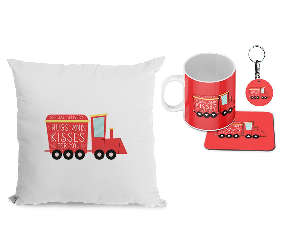 Two become one Cushion, Coffee Mug with Coaster and Keychain - corporate gift by YuBingo