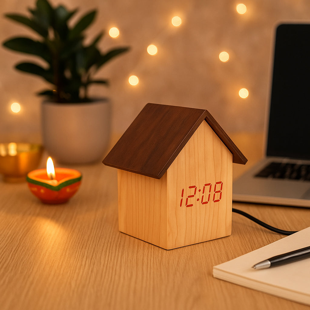 A121   Hut shape wooden LED clock with temperature and sound sensor | Dual power (Battery / USB) - corporate gift by YuBingo