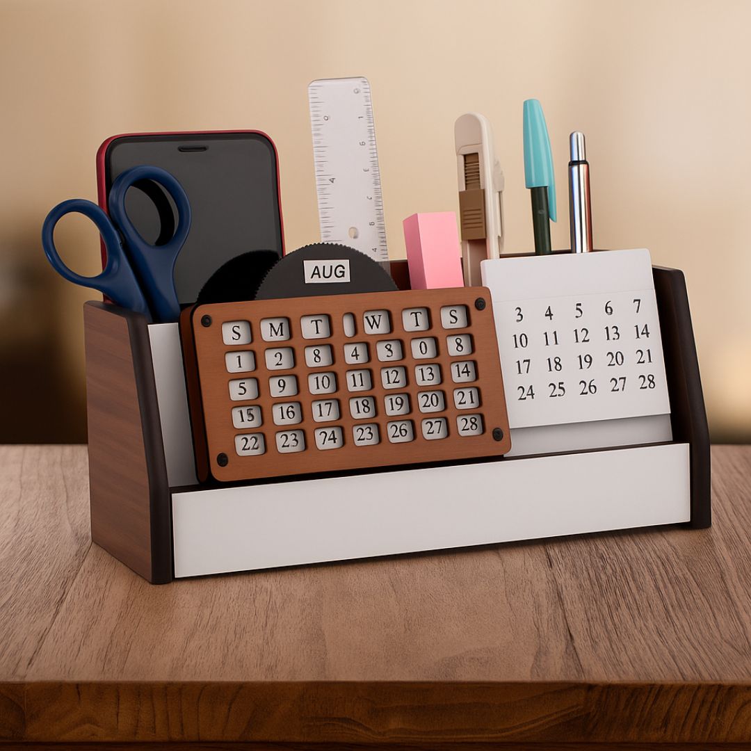 A131 - Wooden Lifetime Calendar with Pen Holder, Mobile Holder, Card Holder & Writing Pad Holder - corporate gift by YuBingo