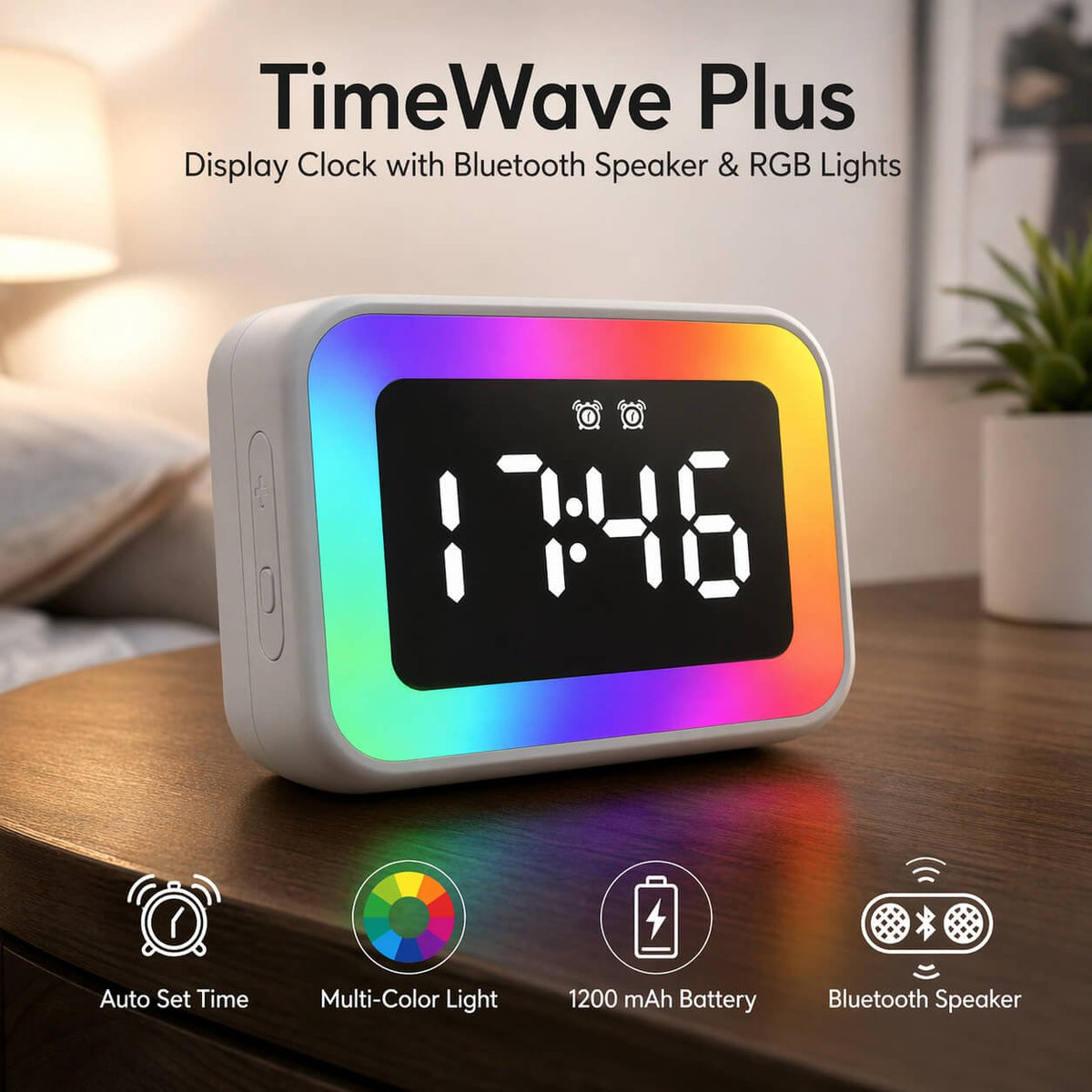 TimeWave Plus: Square display clock with Bluetooth speaker & RGB Lights - Premium Corporate Gift | A153 - corporate gift by YuBingo