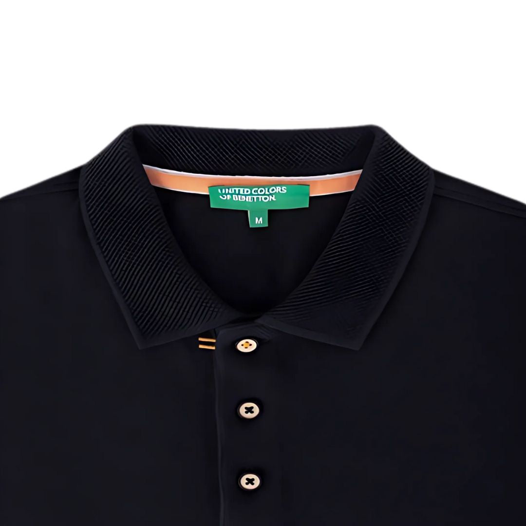 Benetton Black Polo T-Shirt with Jacquard Collar - 100% Cotton - product image 3