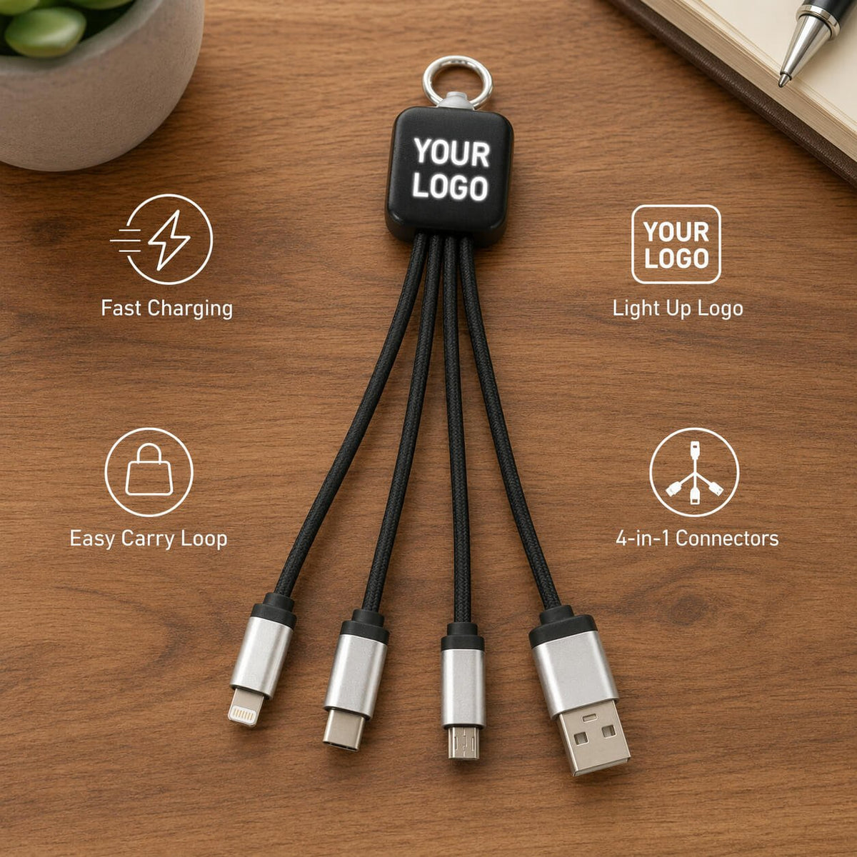 PowerGlow Rectangle Charging cable with Light Up Logo - Premium Corporate Gift | C198 - corporate gift by YuBingo