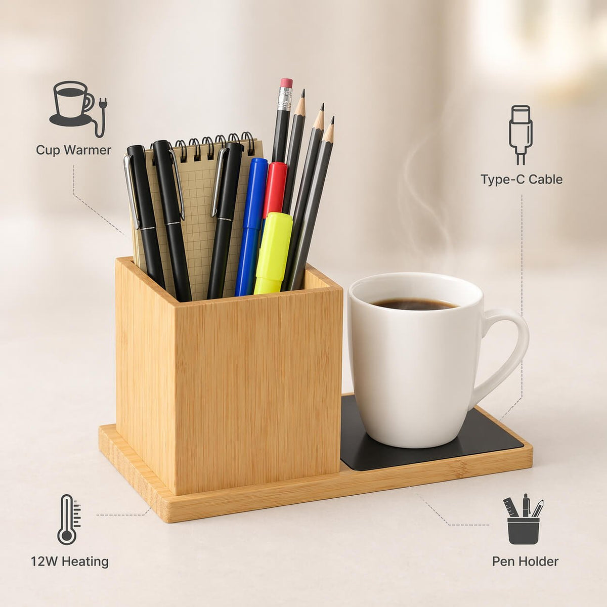 BamBrew: Bamboo Large Pen stand with Cup warmer - Premium Corporate Gift | C200 - corporate gift by YuBingo