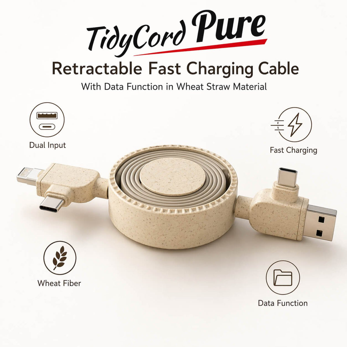 TidyCord Pure: Retractable Fast Charging cable with Data function in Wheat Straw material - Premium Corporate Gift | C202 - product image 2